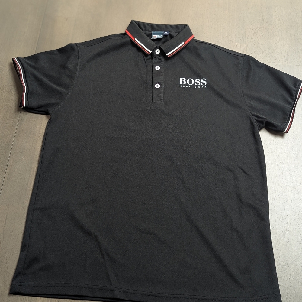 Boss Men's Black Polo Shirt with Red and White Trim